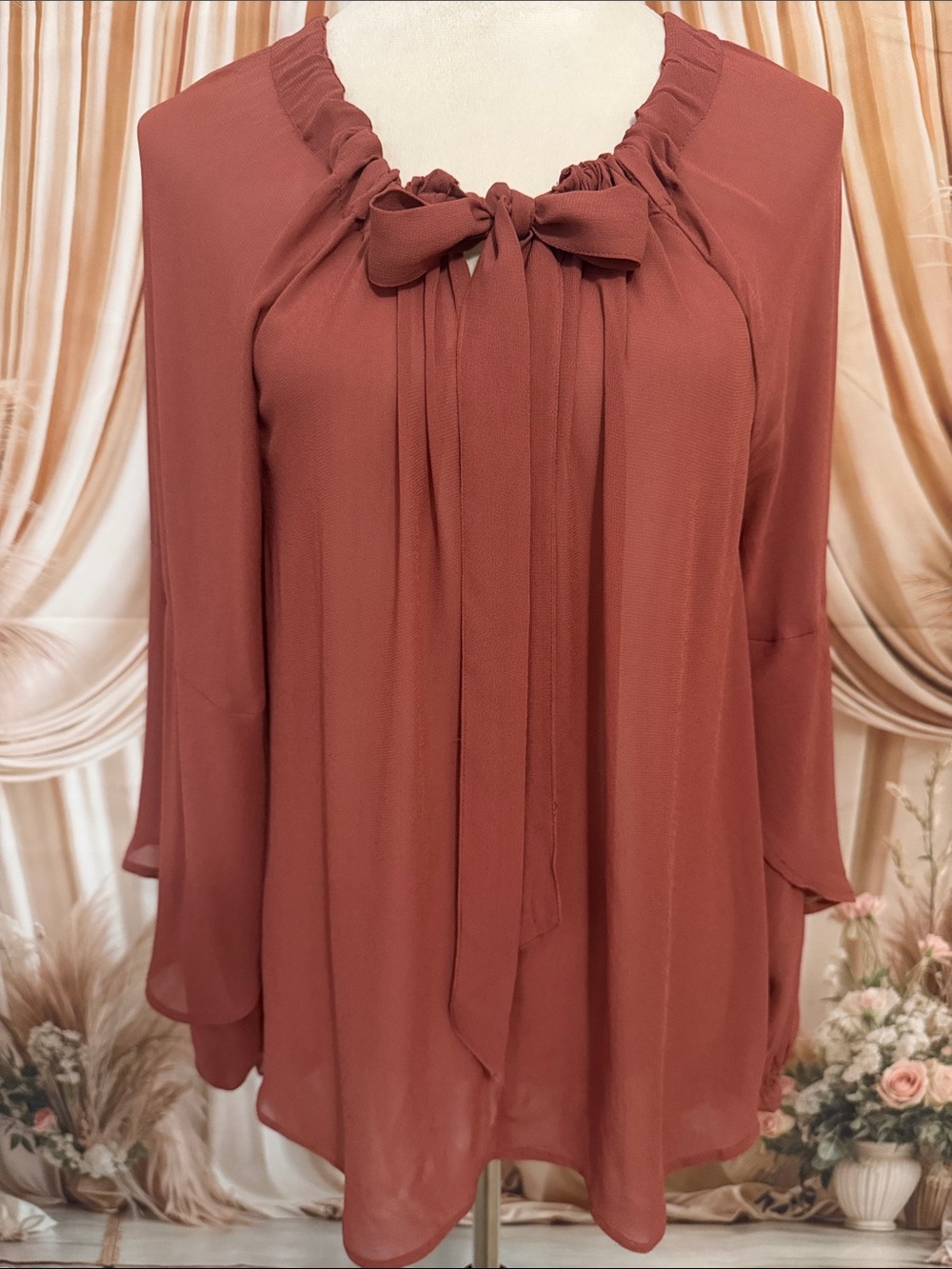 next Tie-Neck Long Sleeve Blouse in Rust
